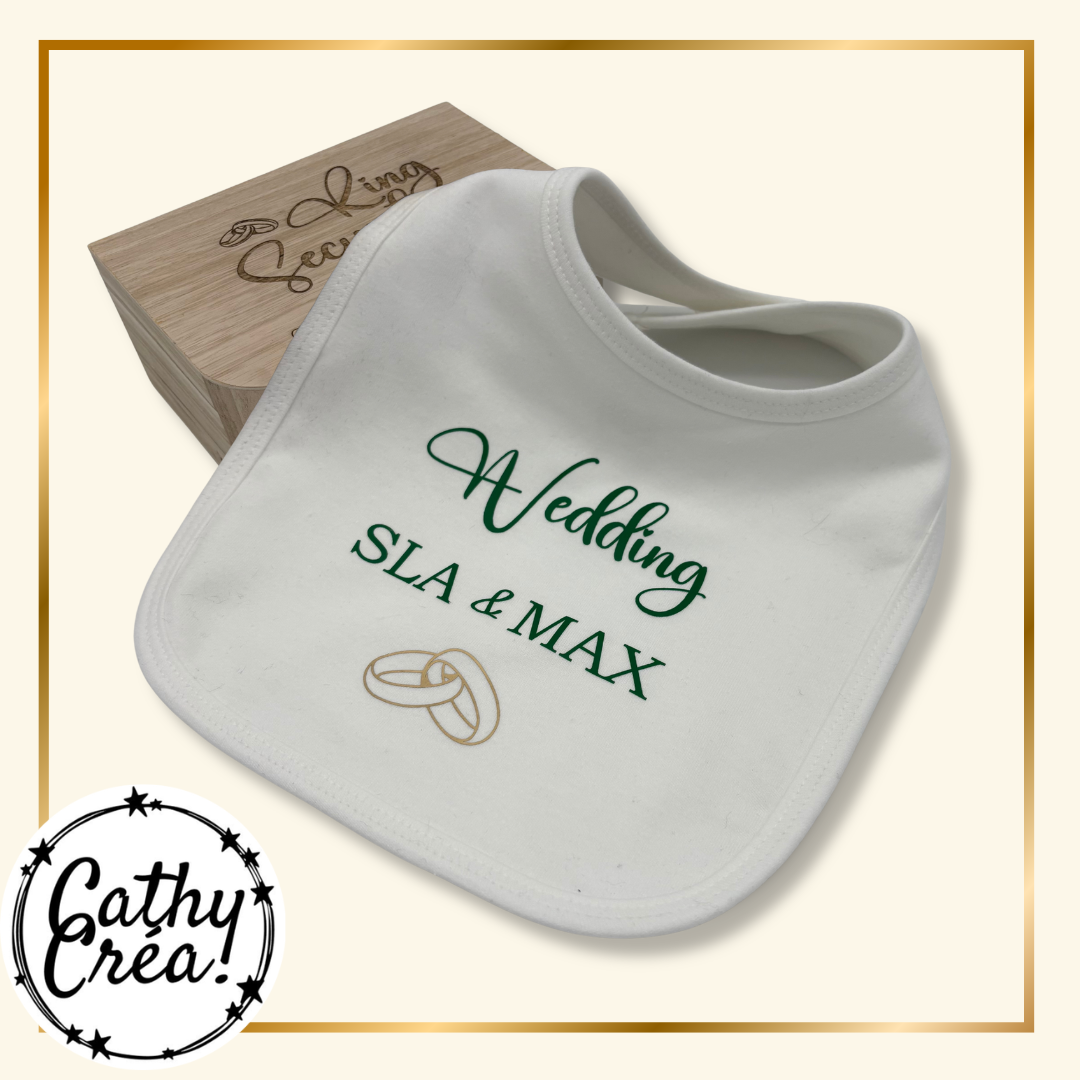 Bavoir bébé personnalisé mariage Wedding – boîte gravée Cathy Créa Belgique