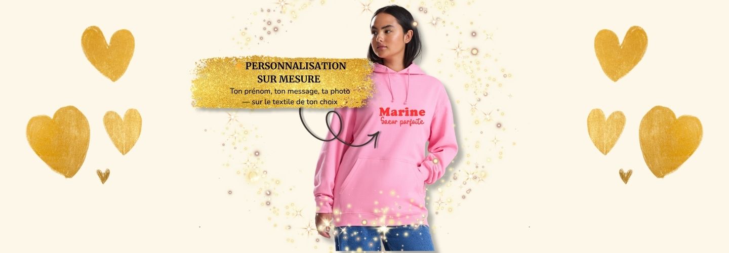 Bannière personnalisation sur mesure – sweat capuche personnalisé – Cathy Créa Belgique