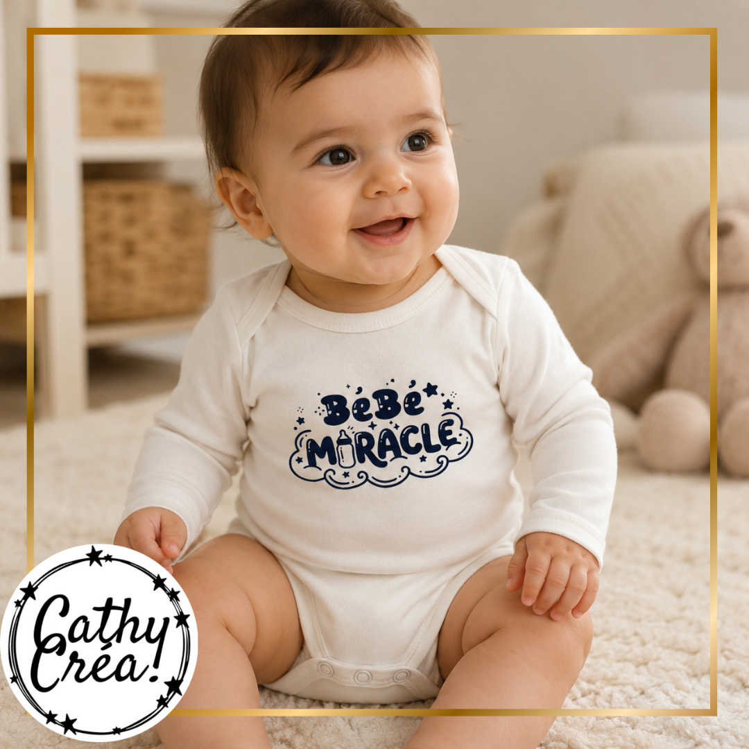 Bébé souriant portant un body personnalisé Bébé Miracle manches longues
