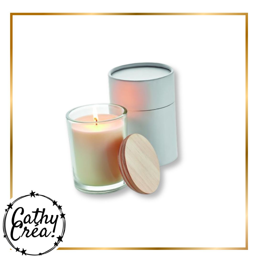 Bougie parfumée vanille en verre avec couvercle en bambou et sa boîte cadeau en papier