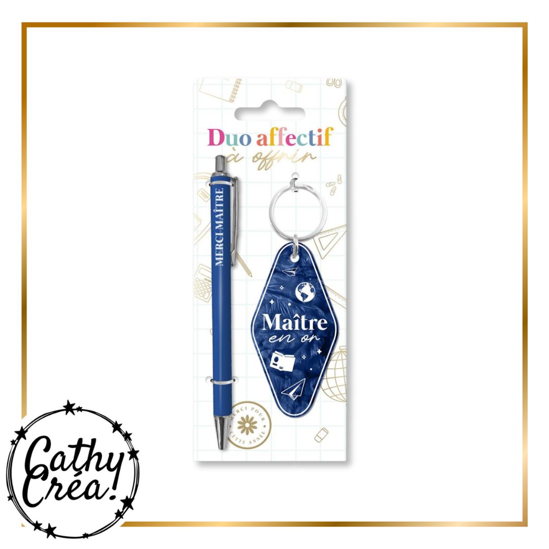 Duo affectif stylo et porte-cles Maitre en or presente sur carte prêt a offrir collection Paillettes