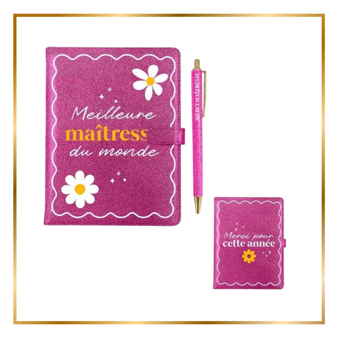 Carnet pailleté rose et stylo assorti cadeau fin d'année scolaire maîtresse