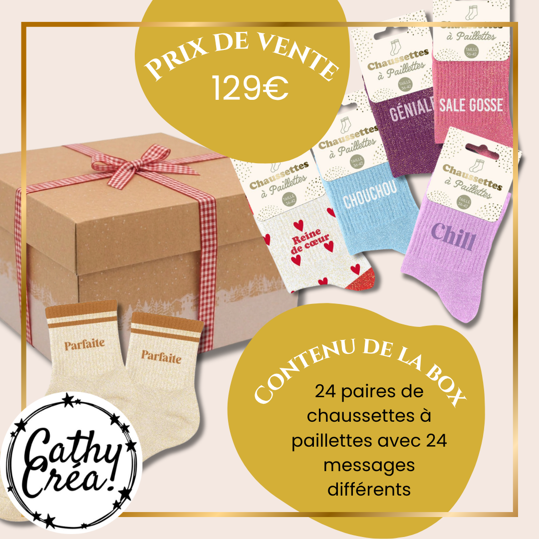 Contenu du calendrier de l'Avent : 24 paires de chaussettes à paillettes avec messages différents