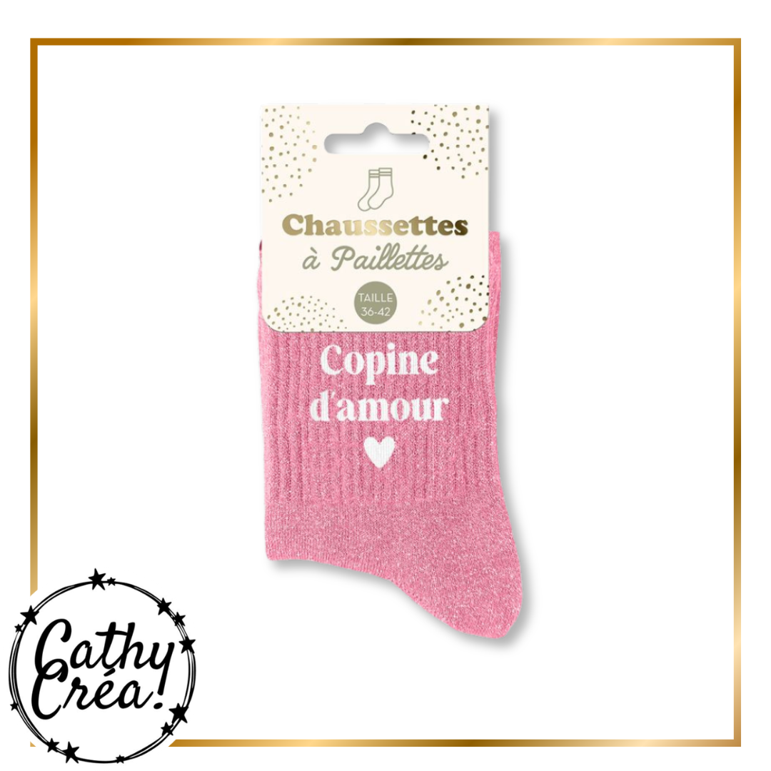 Chaussettes à paillettes Copine d'amour présentées dans leur packaging carte, taille 36-42