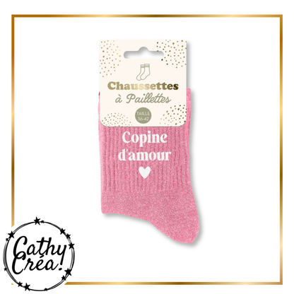 Chaussettes à paillettes Copine d'amour présentées dans leur packaging carte, taille 36-42
