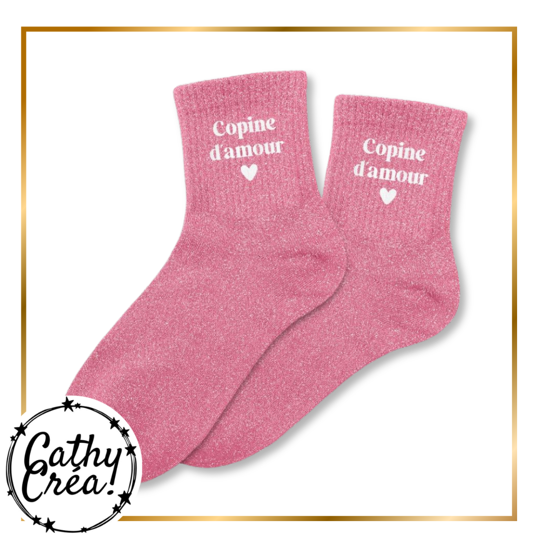 Chaussettes roses pailletées avec message Copine d'amour et petit cœur