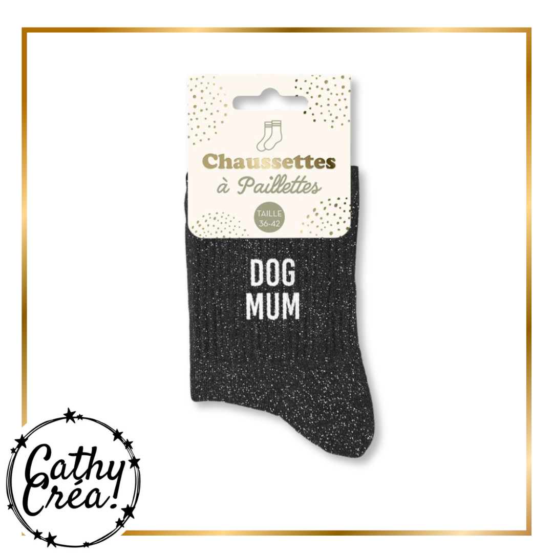 Chaussettes à paillettes Dog Mum présentées dans leur packaging carte, taille 36-42