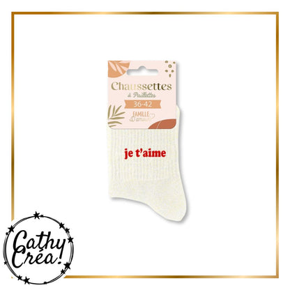 Chaussettes je t'aime pailletées sur étiquette Famille d'Amour taille 36-42 prêtes à offrir