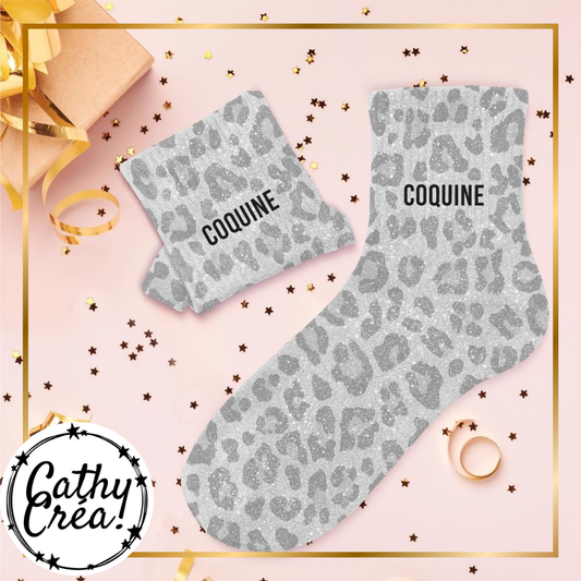 Chaussettes léopard gris pailleté COQUINE ambiance cadeau festif – cadeau femme Belgique