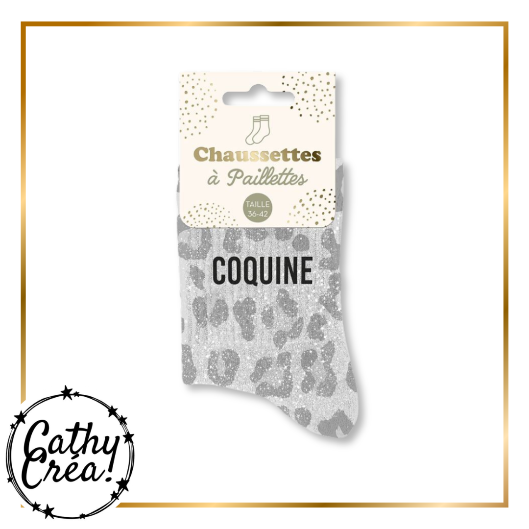 Chaussettes léopard argenté pailleté COQUINE packaging hangtag taille 36-42 – Cathy Créa