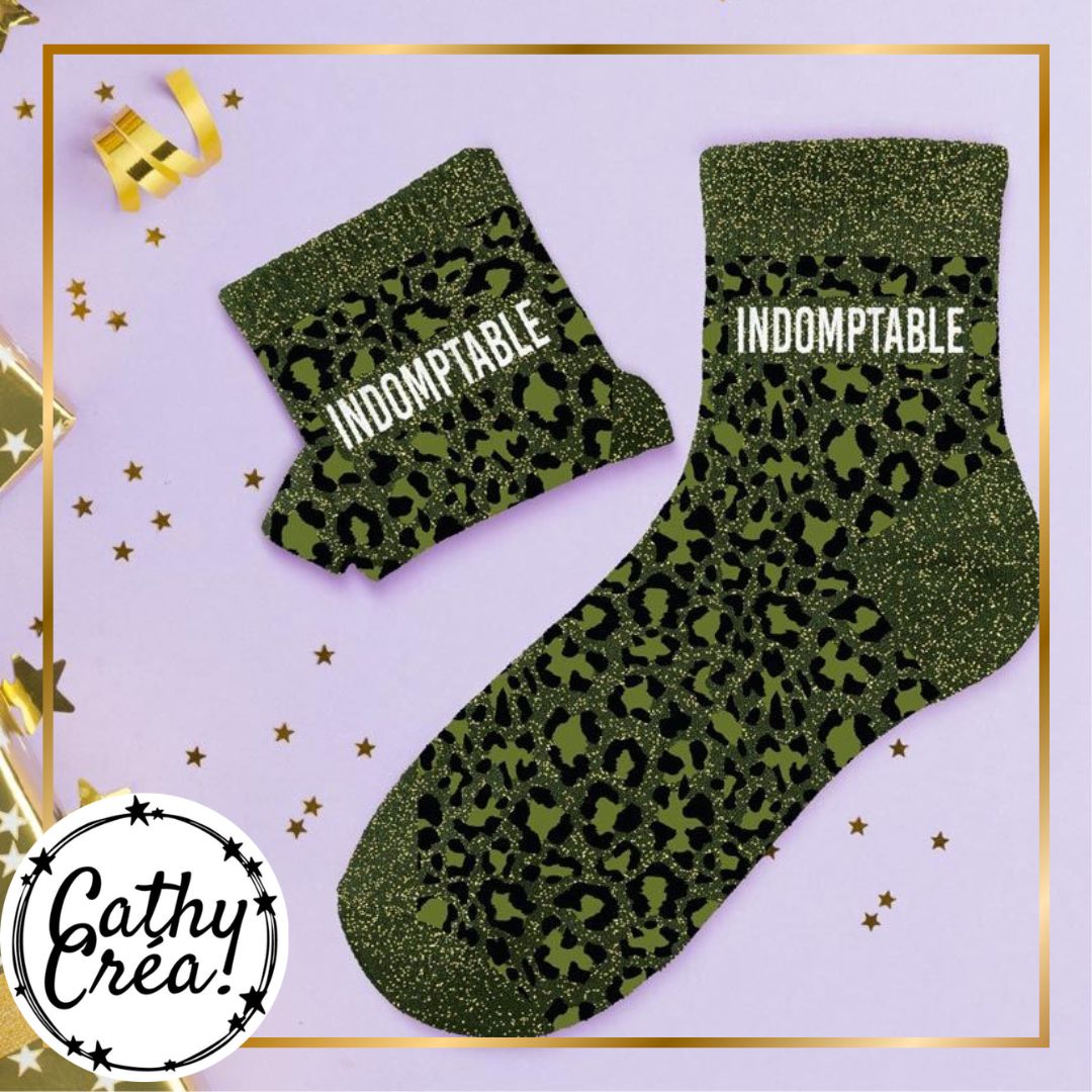 Chaussettes léopard pailleté doré INDOMPTABLE ambiance festive – cadeau original Belgique