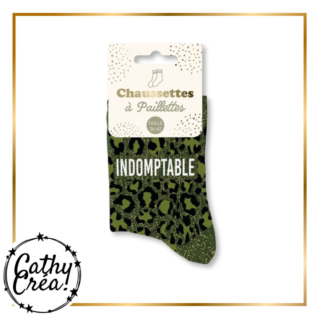 Chaussettes léopard kaki INDOMPTABLE packaging hangtag taille 36-42 – Cathy Créa