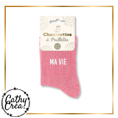 Chaussettes à paillettes Ma Vie présentées dans leur packaging carte, taille 36-42