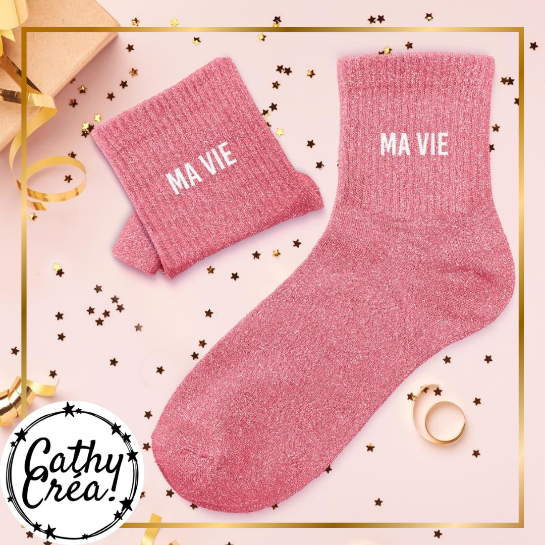 Chaussettes pailletées roses avec message Ma Vie, idée cadeau originale