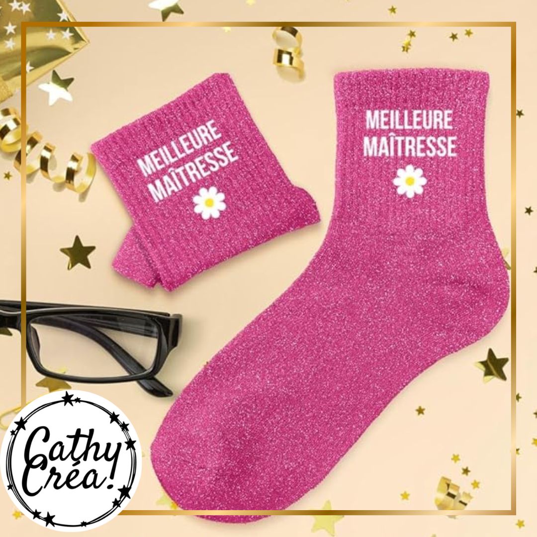 Chaussettes Meilleure Maîtresse pailletées présentées sur étiquette Chaussettes à paillettes taille 36-42