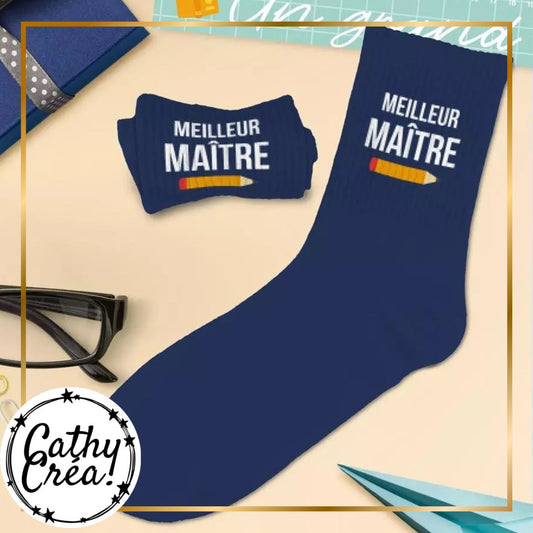 Chaussette bleu marine inscription Meilleur Maître et motif crayon cadeau fin d'année