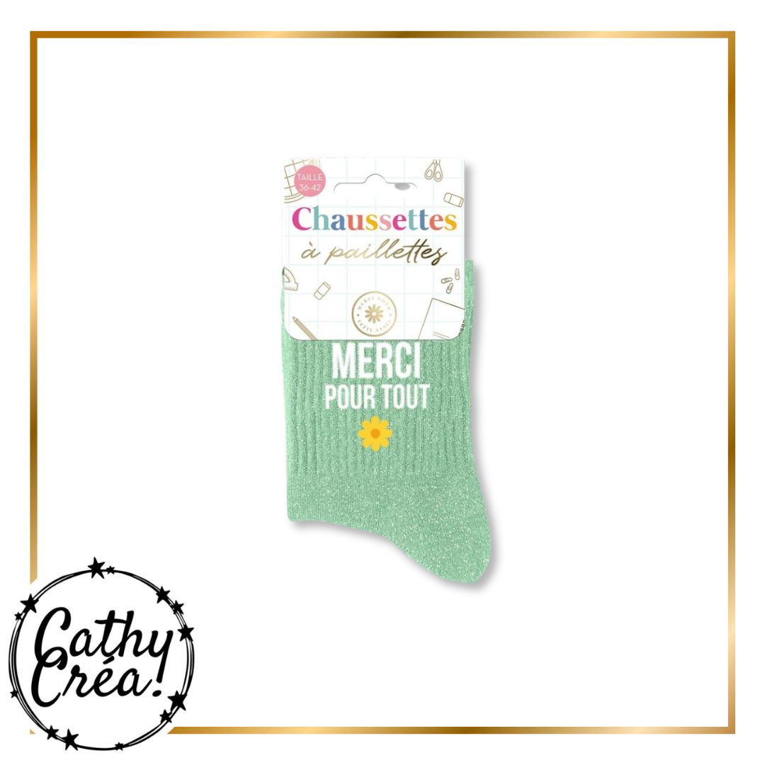 Chaussettes Merci pour tout pailletées sur étiquette Chaussettes a paillettes taille 36-42 école