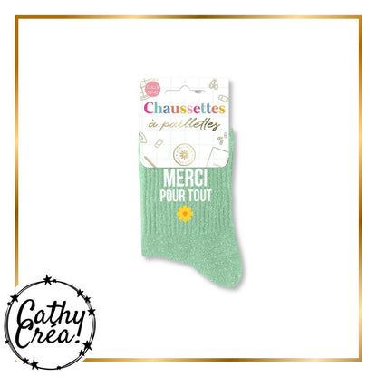 Chaussettes Merci pour tout pailletées sur étiquette Chaussettes a paillettes taille 36-42 école