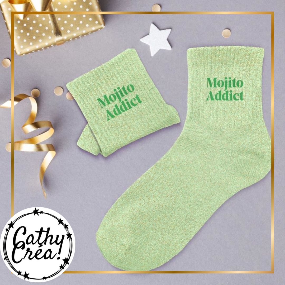 Chaussettes Mojito Addict pailletées présentées sur leur attache cartonnée prêtes à offrir