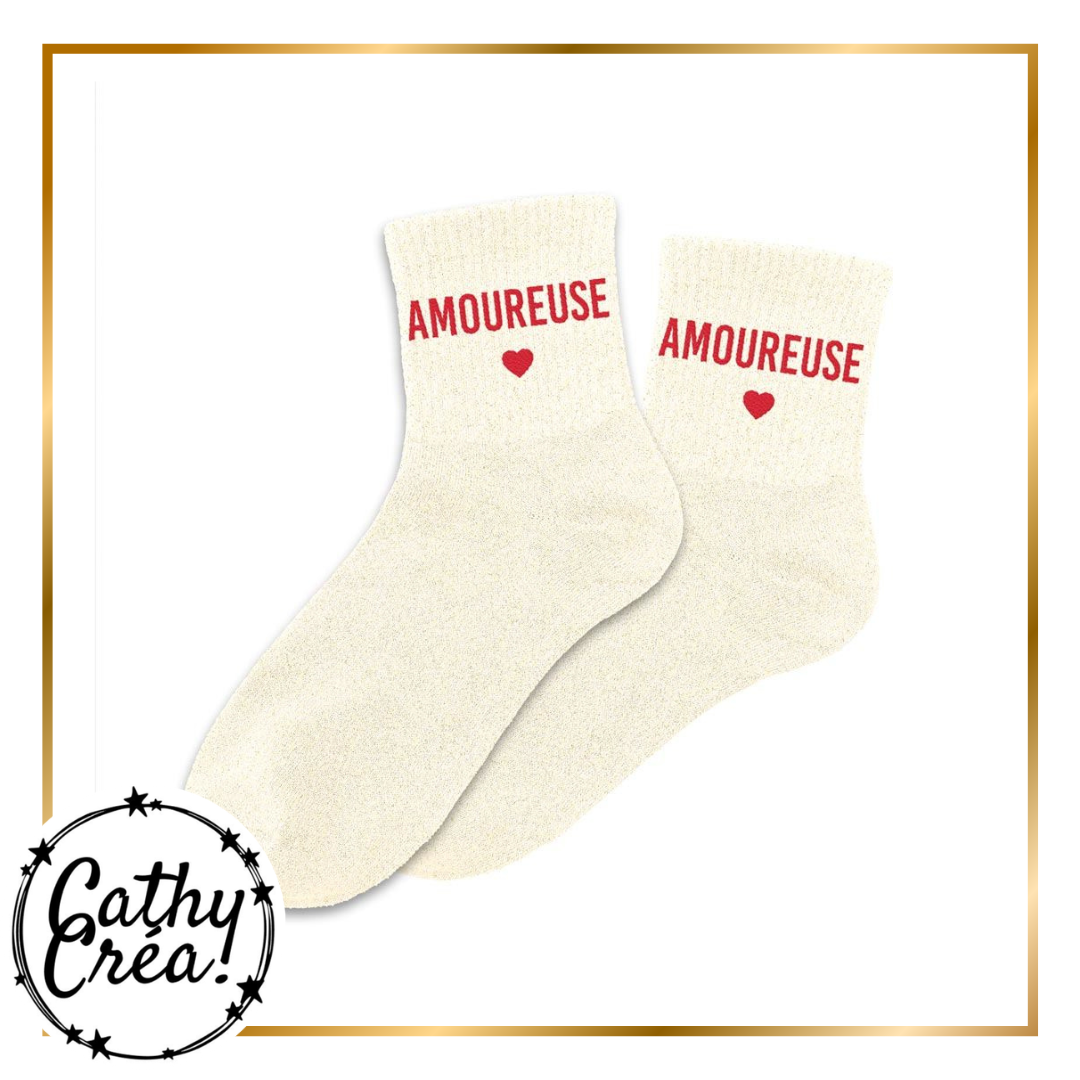 Paire de chaussettes pailletées Amoureuse blanc cassé – idée cadeau Saint-Valentin