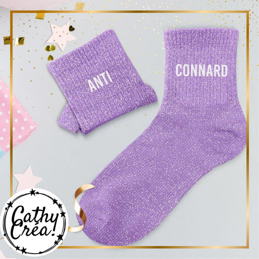 Chaussettes paillettes mauves ANTI CONNARD ambiance cadeau – humour femme Belgique