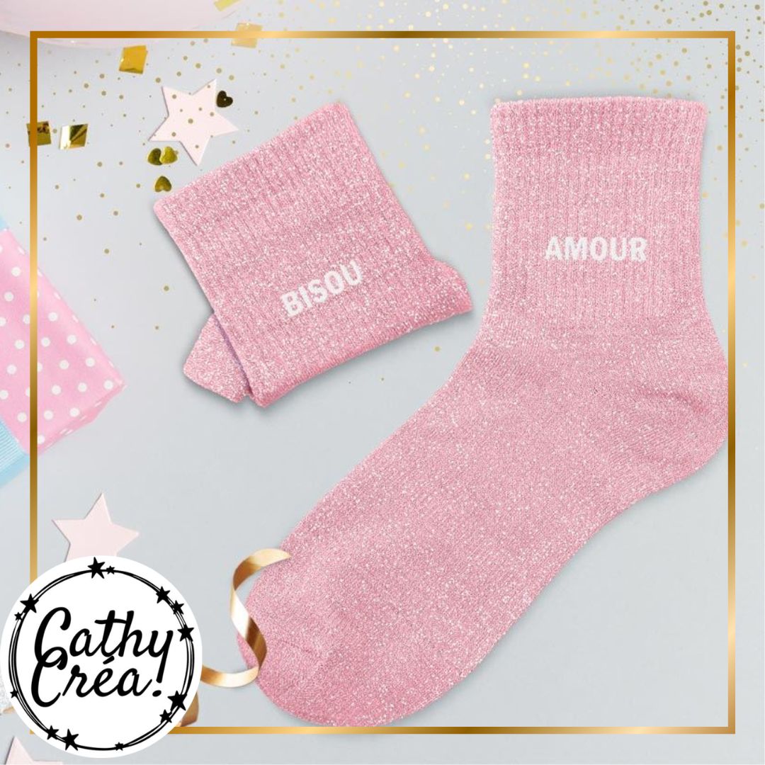 Chaussettes paillettes rose BISOU AMOUR ambiance cadeau festif – Saint-Valentin Belgique