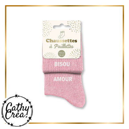 Chaussettes paillettes BISOU AMOUR packaging hangtag taille 36-42 – Cathy Créa Belgique