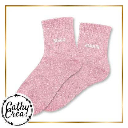 Paire chaussettes paillettes rose bonbon BISOU AMOUR blanc – cadeau romantique Cathy Créa