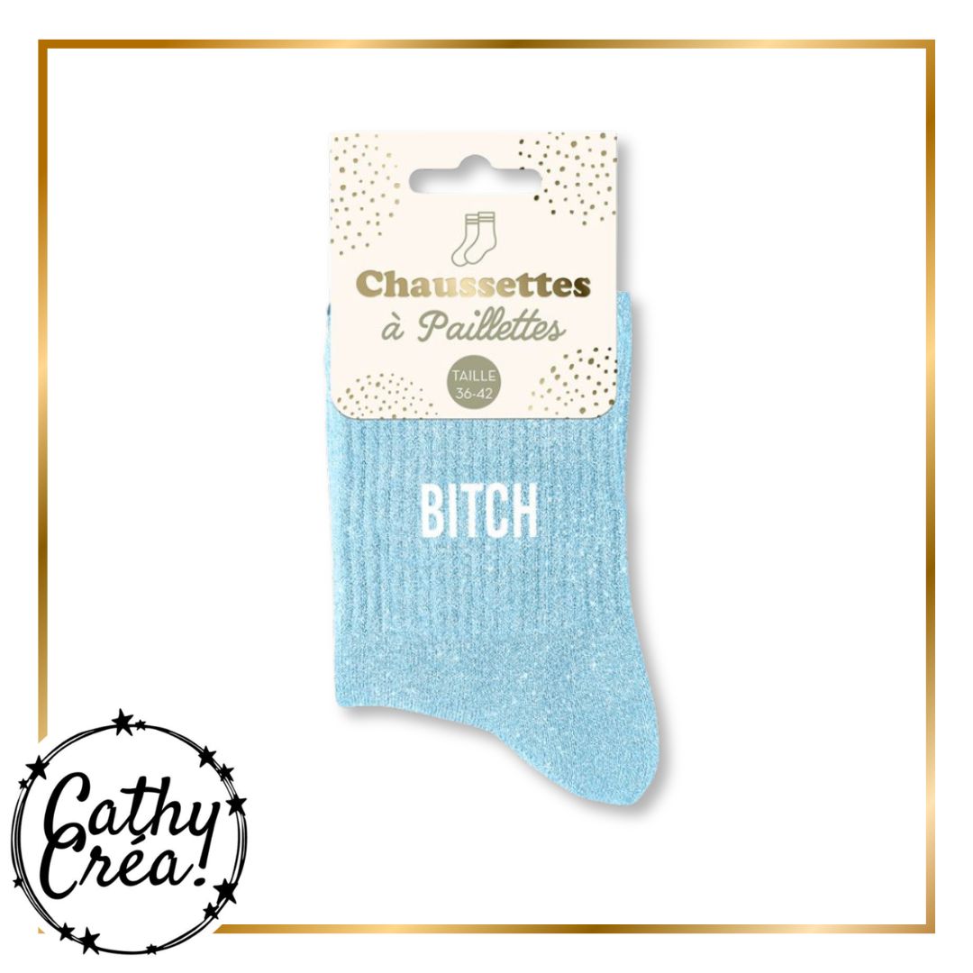 Chaussettes paillettes BITCH bleu ciel packaging hangtag taille 36-42 – Cathy Créa