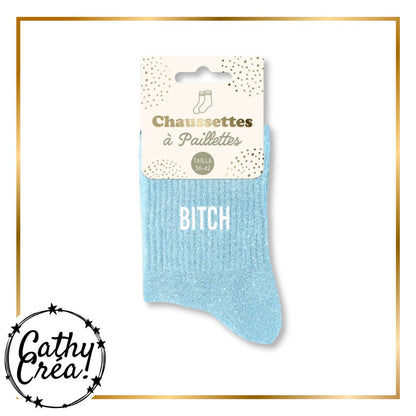 Chaussettes paillettes BITCH bleu ciel packaging hangtag taille 36-42 – Cathy Créa