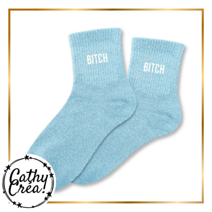 Paire chaussettes paillettes bleu ciel inscription BITCH blanc – cadeau humour Cathy Créa