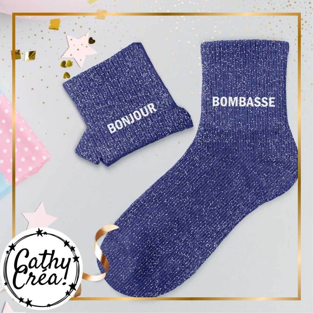 Chaussettes paillettes bleues BONJOUR BOMBASSE ambiance festive – cadeau femme Belgique