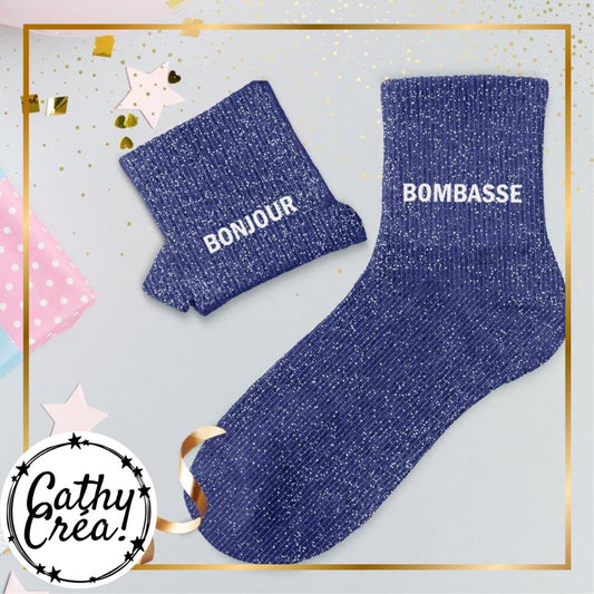 Chaussettes paillettes bleues BONJOUR BOMBASSE ambiance festive – cadeau femme Belgique