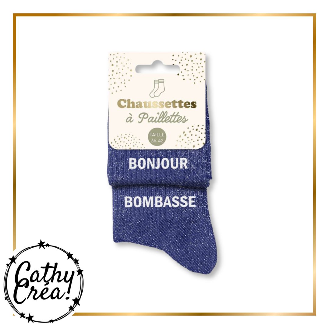 Chaussettes paillettes bleu nuit BONJOUR BOMBASSE packaging hangtag taille 36-42 – Cathy Créa