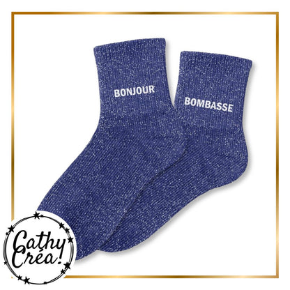 Paire chaussettes paillettes bleu BONJOUR BOMBASSE blanc – cadeau fun Cathy Créa