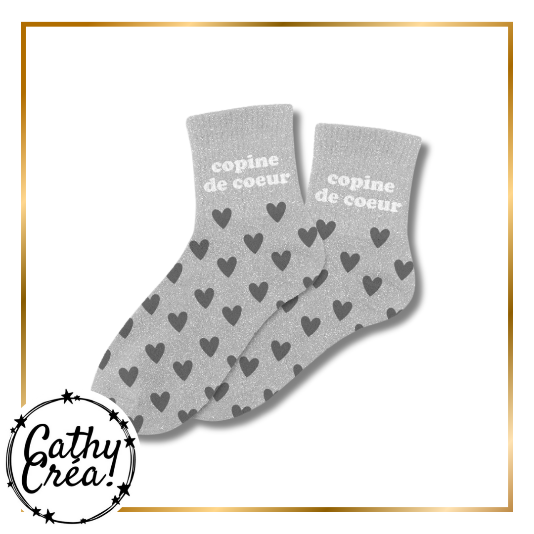 Paire chaussettes paillettes bleu BONJOUR BOMBASSE blanc – cadeau fun Cathy Créa