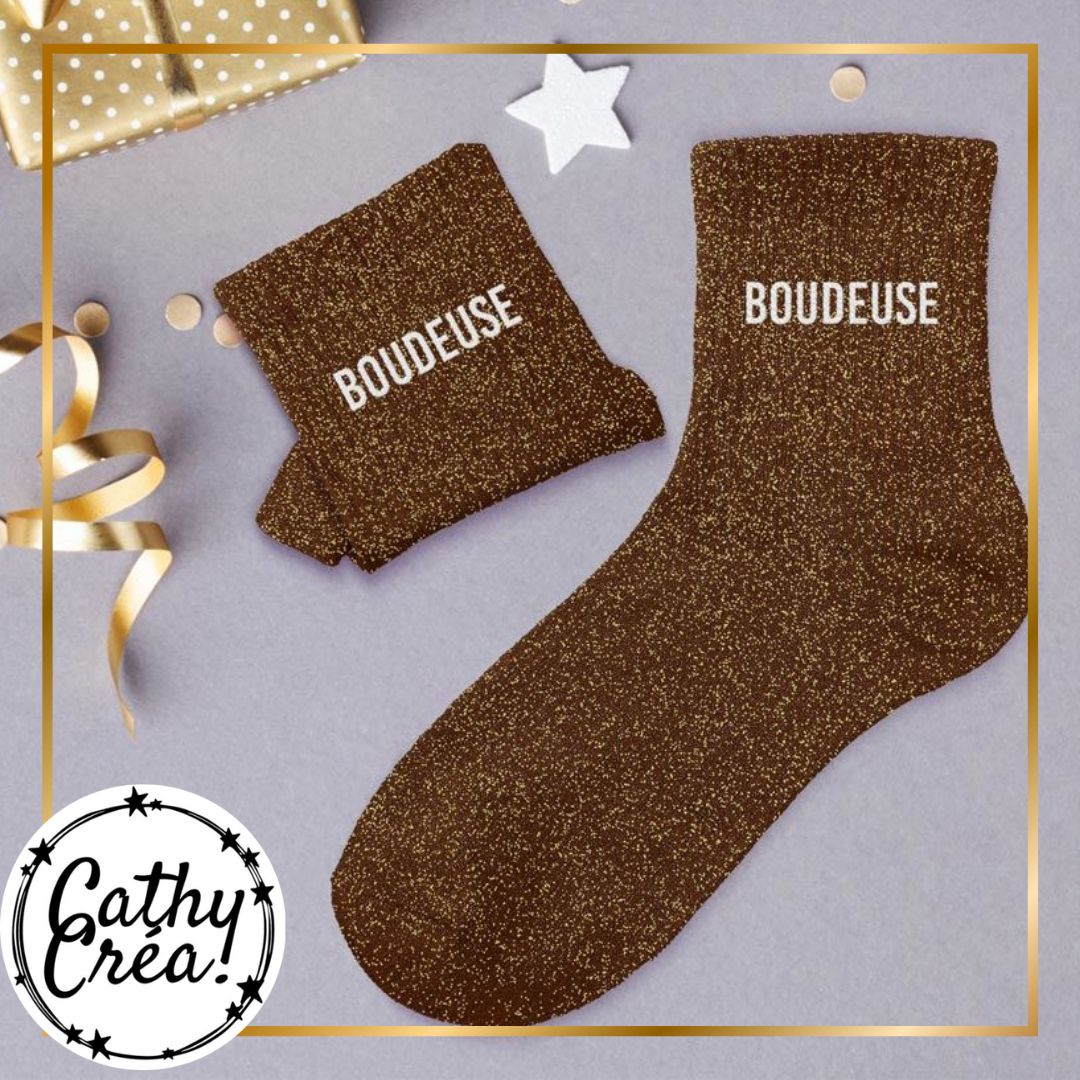 Chaussettes paillettes chocolat BOUDEUSE ambiance cadeau festif – humour femme Belgique