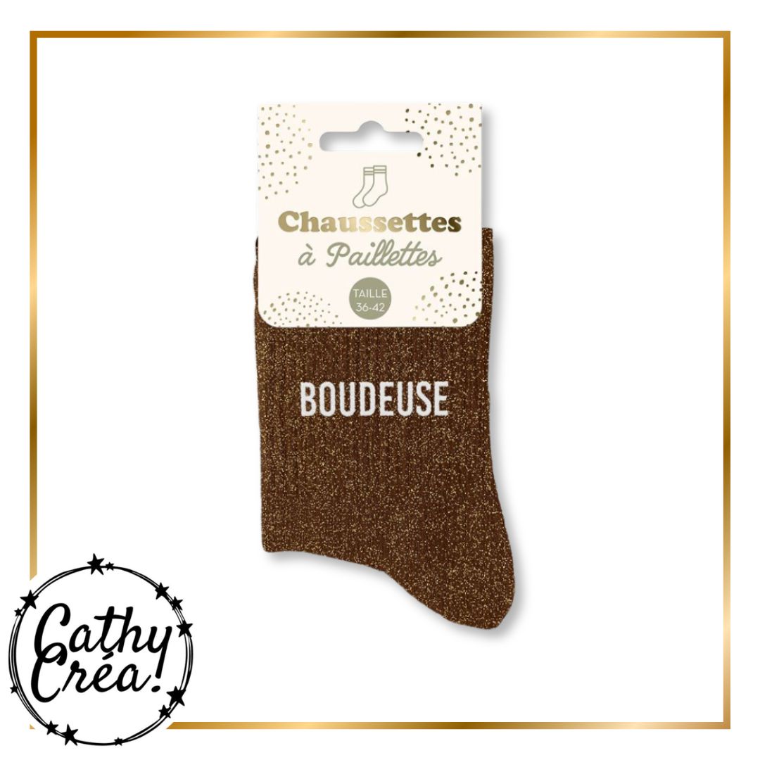 Chaussettes paillettes bronze BOUDEUSE packaging hangtag taille 36-42 – Cathy Créa
