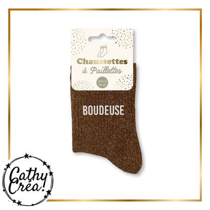 Chaussettes paillettes bronze BOUDEUSE packaging hangtag taille 36-42 – Cathy Créa