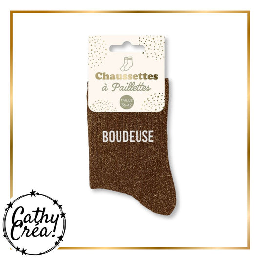 Chaussettes paillettes bronze BOUDEUSE packaging hangtag taille 36-42 – Cathy Créa