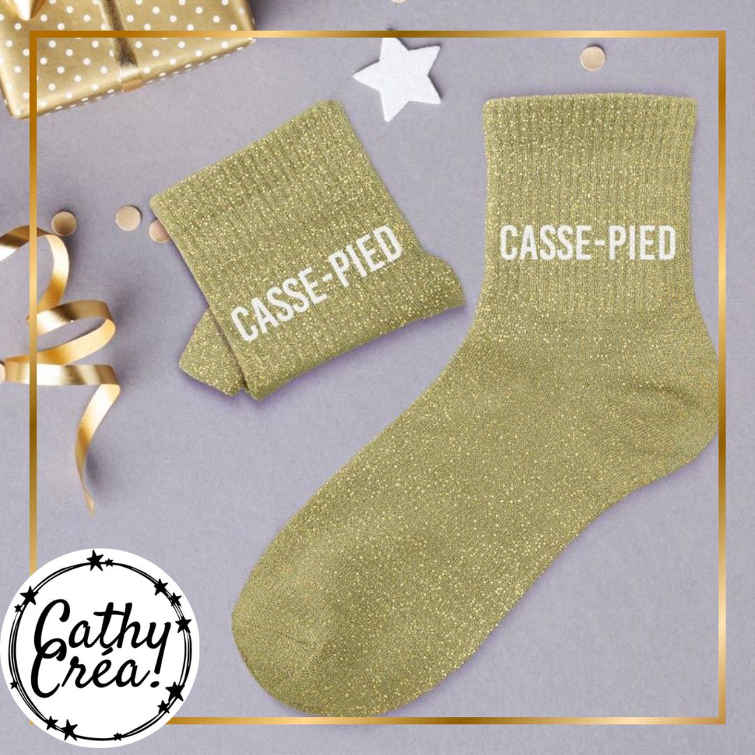 Chaussettes paillettes or CASSE-PIED ambiance cadeau festif – humour femme Belgique