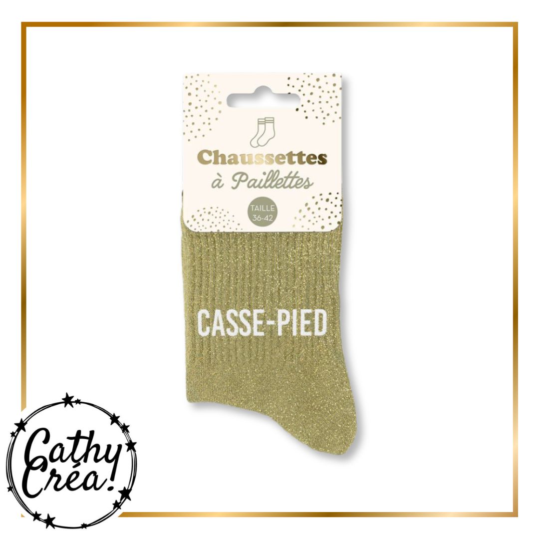 Chaussettes paillettes dorées CASSE-PIED packaging hangtag taille 36-42 – Cathy Créa