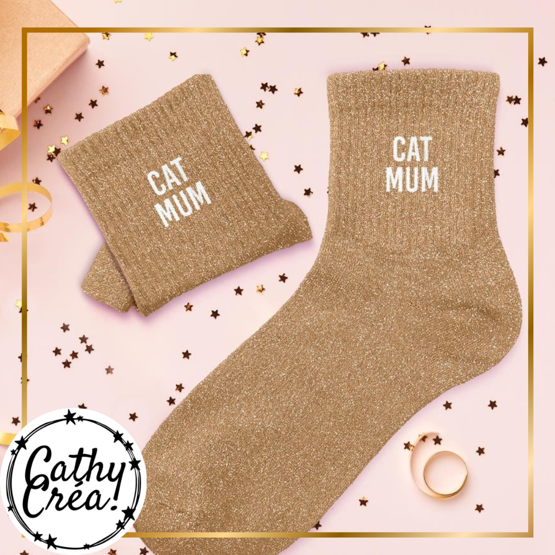 Chaussettes à paillettes dorées Cat Mum, cadeau pour amoureuse des chats