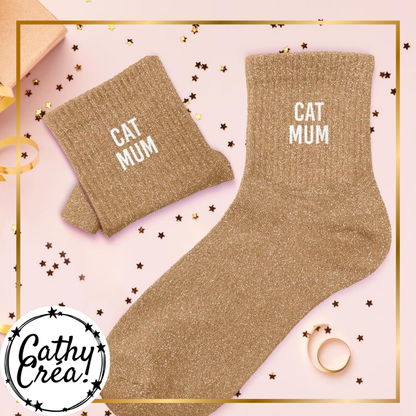 Chaussettes à paillettes dorées Cat Mum, cadeau pour amoureuse des chats
