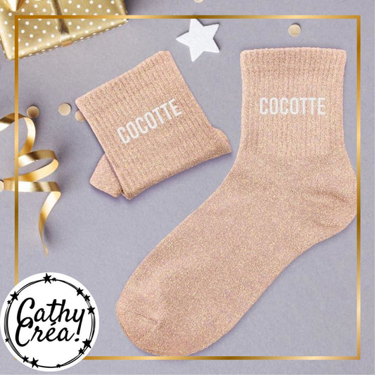 Chaussettes paillettes rose doré COCOTTE ambiance cadeau festif – cadeau femme Belgique
