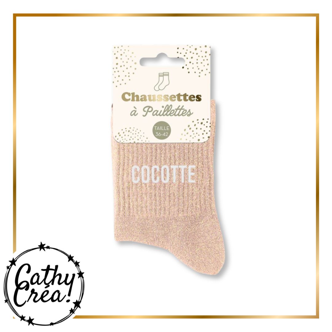 Chaussettes paillettes COCOTTE rose nude packaging hangtag taille 36-42 – Cathy Cré