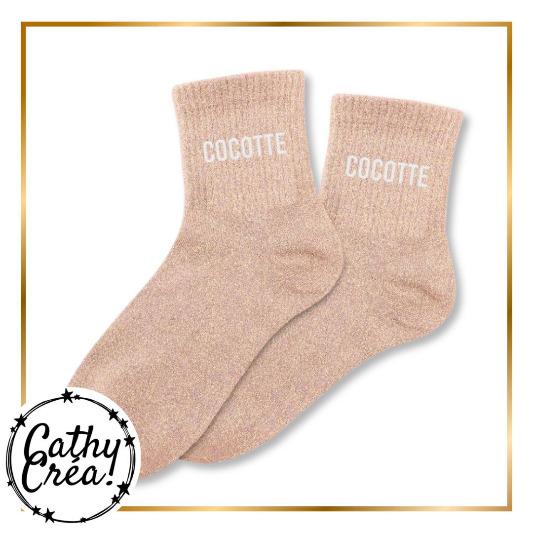 Paire chaussettes paillettes rose nude COCOTTE blanc – cadeau tendre femme Cathy Créa