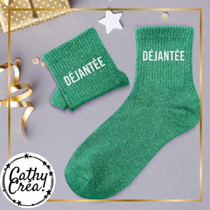 Chaussettes paillettes vertes DÉJANTÉE ambiance cadeau festif – humour femme Belgique
