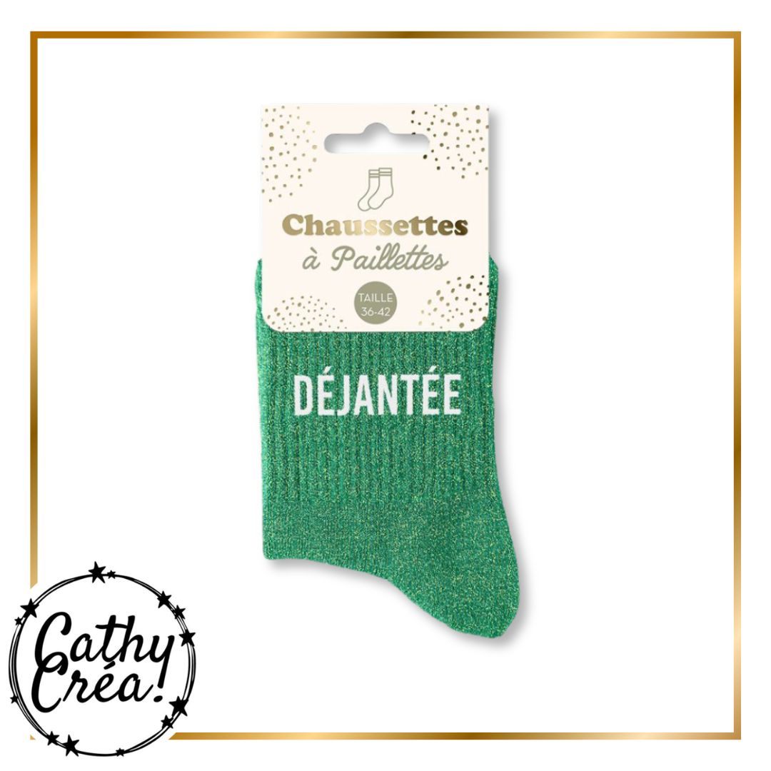 Chaussettes paillettes vertes DÉJANTÉE packaging hangtag taille 36-42 – Cathy Créa