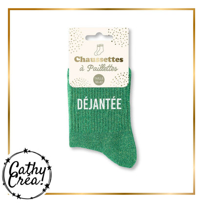 Chaussettes paillettes vertes DÉJANTÉE packaging hangtag taille 36-42 – Cathy Créa